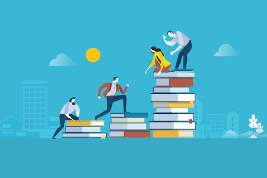 4 cartoon people climbing on top of 3 stacks of books that represent stairs with a cityscape in the background